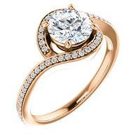rose gold bypass halo style moissanite ring