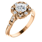 14K Gold  Queen Elizabeth Style 6.5 mm (1.25ct) Round Moissanite Engagement Ring with band (Near Colorless -GHI)
