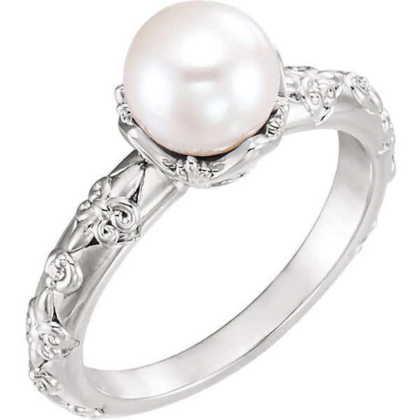 Sterling Silver Freshwater Cultured Pearl & .02 CTW Diamond Vintage-Inspired Ring